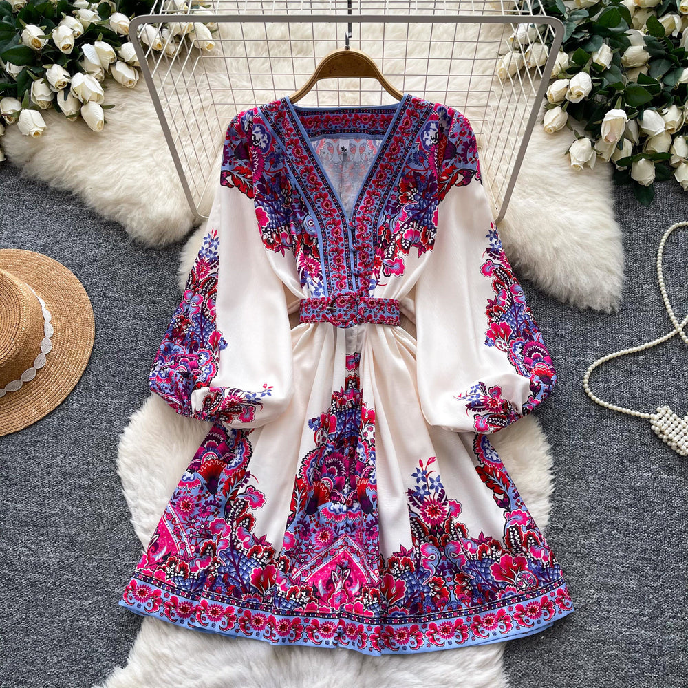 Vintage print v-neck long sleeve bodycon dress - women's summer tie-waist slimming a-line dress - office & casual wear