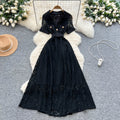 Luxury french style high-end short-sleeve dress - women's summer blazer collar lace mesh belted maxi dress