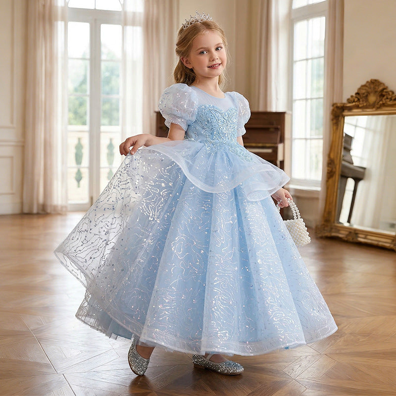 Girls' formal dress - european style, mesh overlay, courtly elegance, children's birthday princess dress, performance costume, new summer collection