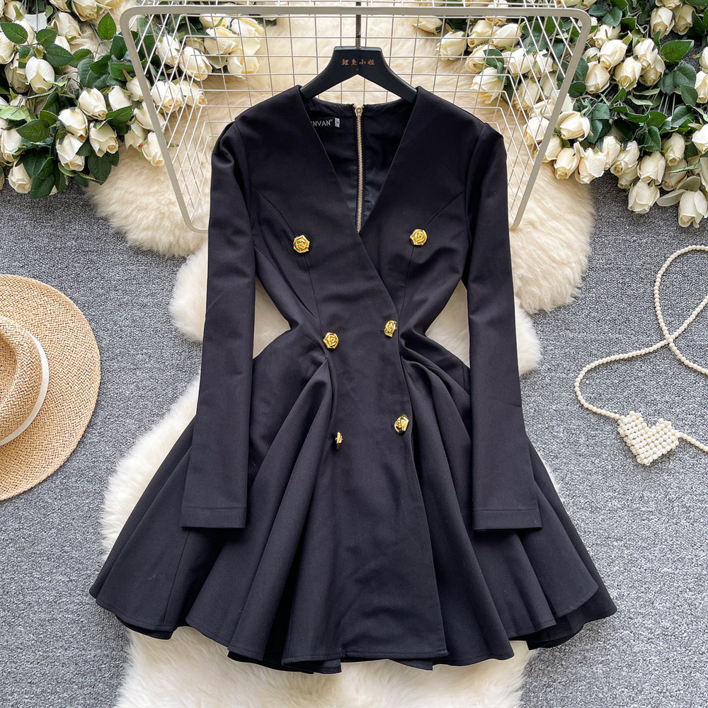 French retro chic high-end v-neck metallic buckle long sleeve cinched waist flared dress - women's autumn formal dress