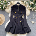 French retro chic high-end v-neck metallic buckle long sleeve cinched waist flared dress - women's autumn formal dress