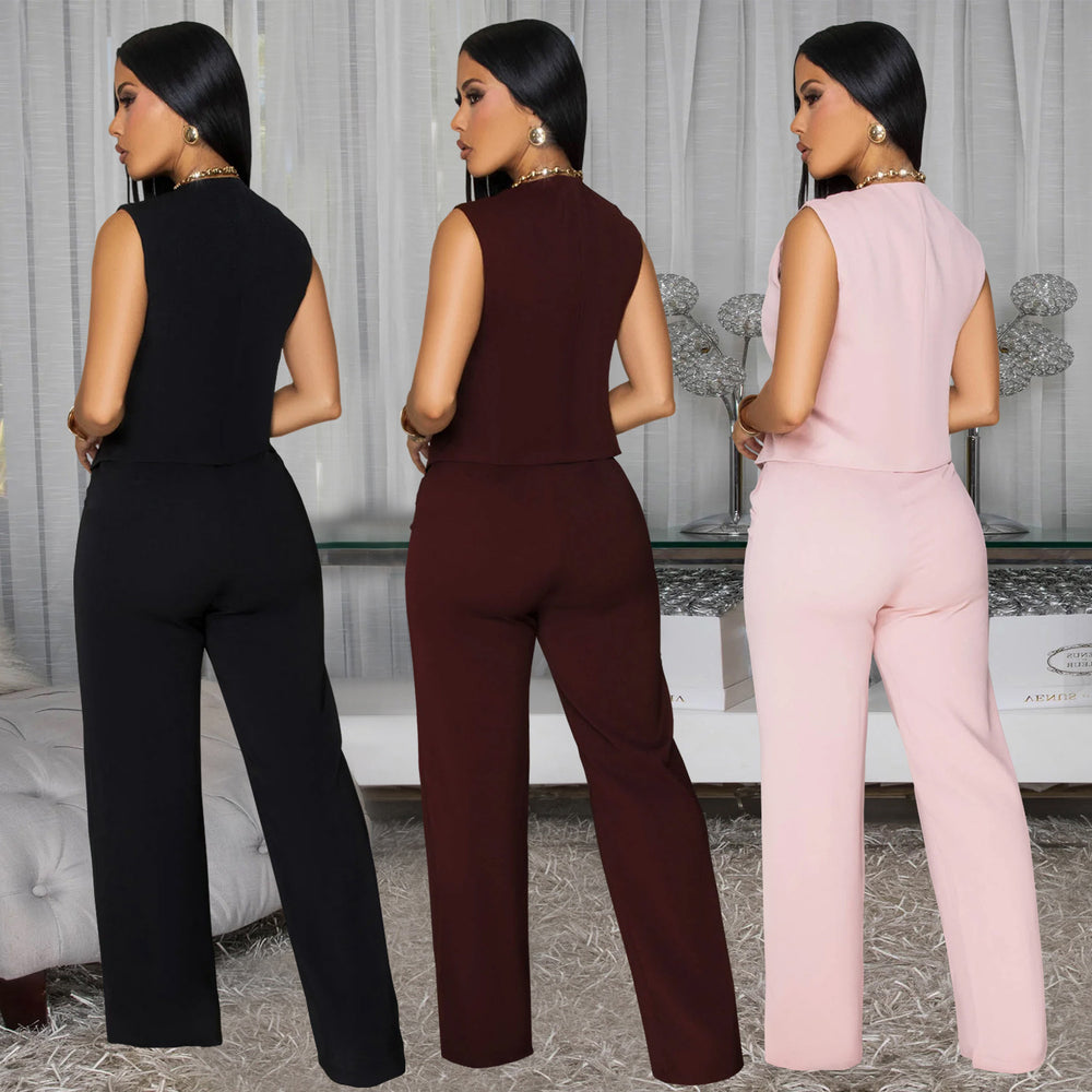C7496 cross-border   fashion women's casual sleeveless v-neck top and pants two-piece set - new
