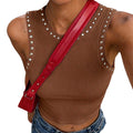 S391586 european and american street style brown ribbed studded tank top - hot girl slim fit sleeveless top - cross-border supply