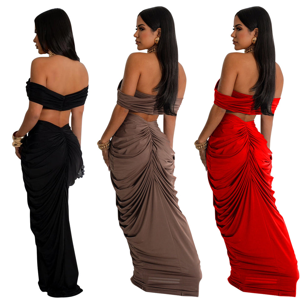 C6822 cross-border   fashion women's solid color sexy bandeau pleated skirt two-piece set