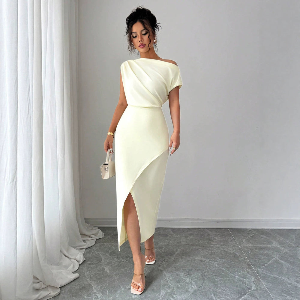 fashionsummernew arrival off-white oblique shoulder twist dress waist slit elegant mid-length dress