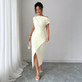 fashionsummernew arrival off-white oblique shoulder twist dress waist slit elegant mid-length dress