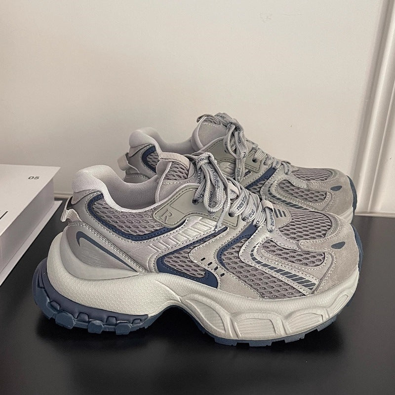 Chunky platform monster dad shoes - women's trendy ins style, spring 2026 new arrival, versatile retro silver-gray athletic casual sneakers