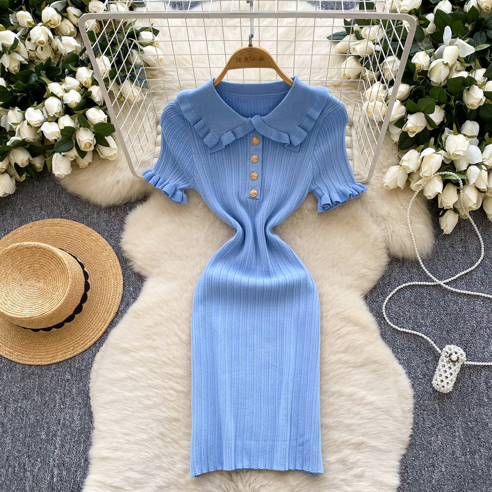 Frenchretro doll collar short-sleeved waist knittingdress women's summerslimming lookelegant tight hip-hugging sweater skirt
