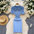 Frenchretro doll collar short-sleeved waist knittingdress women's summerslimming lookelegant tight hip-hugging sweater skirt