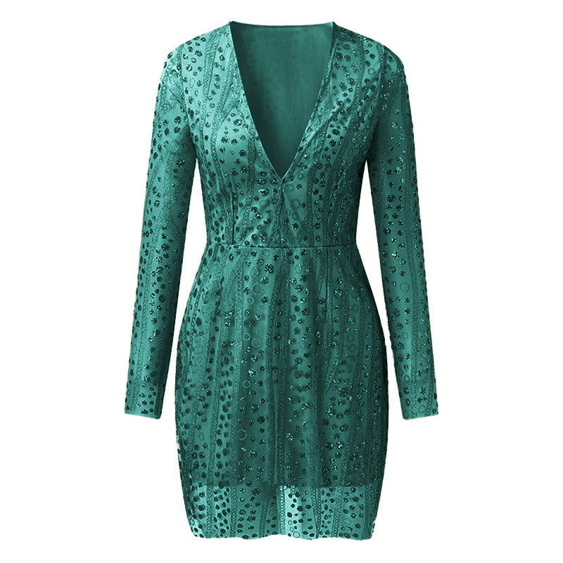 cross-border e-commerce fashion women's apparel:  direct sales deep v long sleeve sequin dress - evening gown