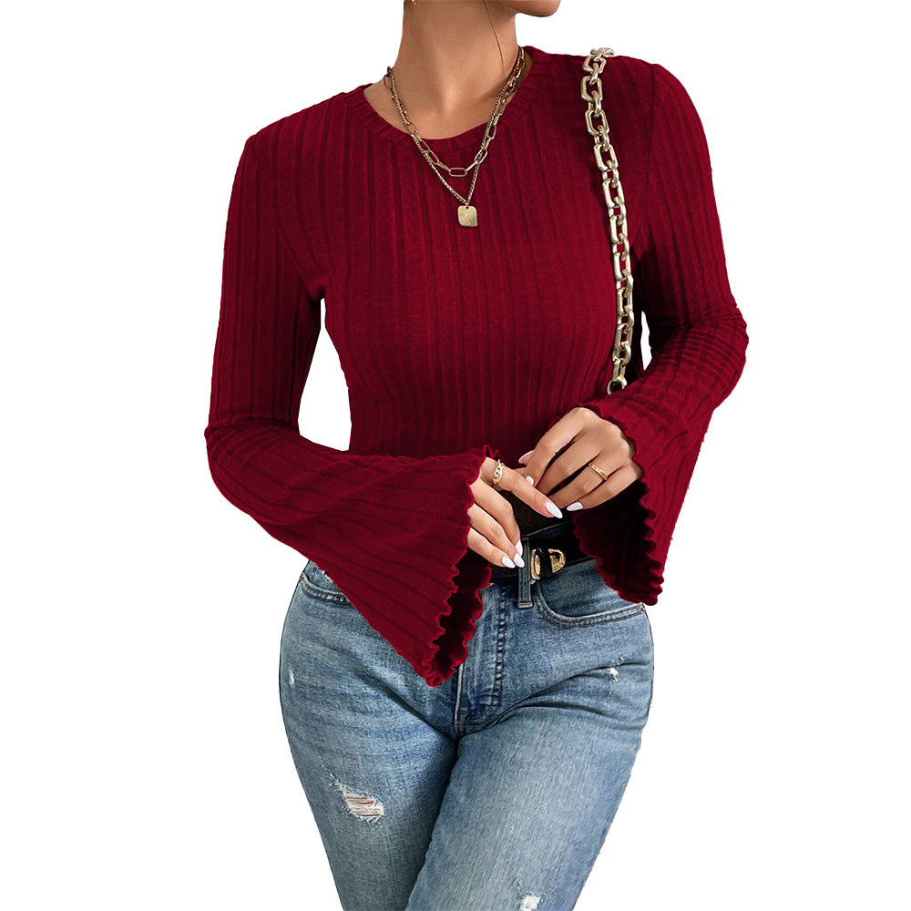 hot-selling round neck flare sleeve burgundy t-shirt - chic, versatile, and a tiktok sensation for work and casual wear