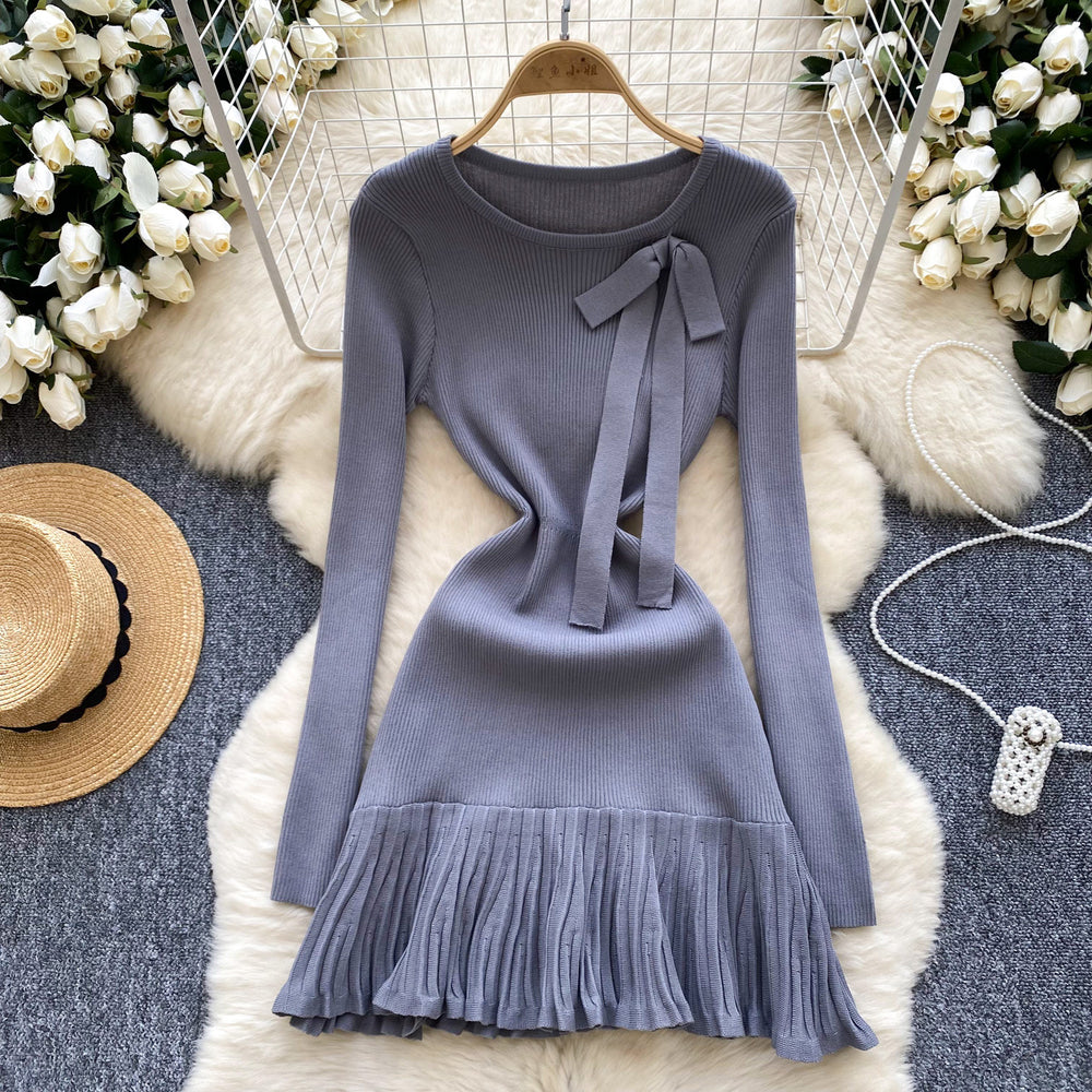 French chic knit dress - autumn/winter collection: bow accent, ruffle trim, unique design, elegant mini dress