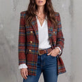 fashion cross-border retro red grids pattern suit outwear double row metal buckle lapel grids pattern woolenloose suit