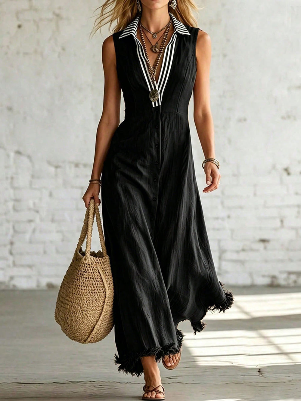 fashion  summer new brown striped lapel sleeveless dress single-breasted tassel vacation style