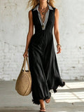 fashion  summer new brown striped lapel sleeveless dress single-breasted tassel vacation style