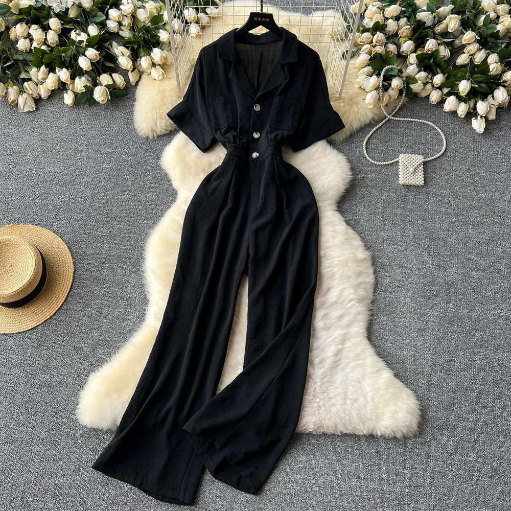 Summer women's new jumpsuit chic niche lightly mature style suit collar single breasted short sleeve high waistcasual jumpsuit