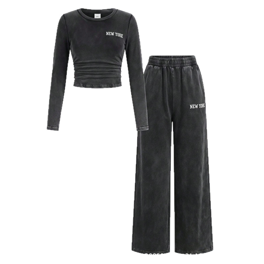 retro washed women's suit round neck pleated short long sleeves tops elastic waist distressed wide leg sweatpants