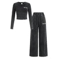 retro washed women's suit round neck pleated short long sleeves tops elastic waist distressed wide leg sweatpants