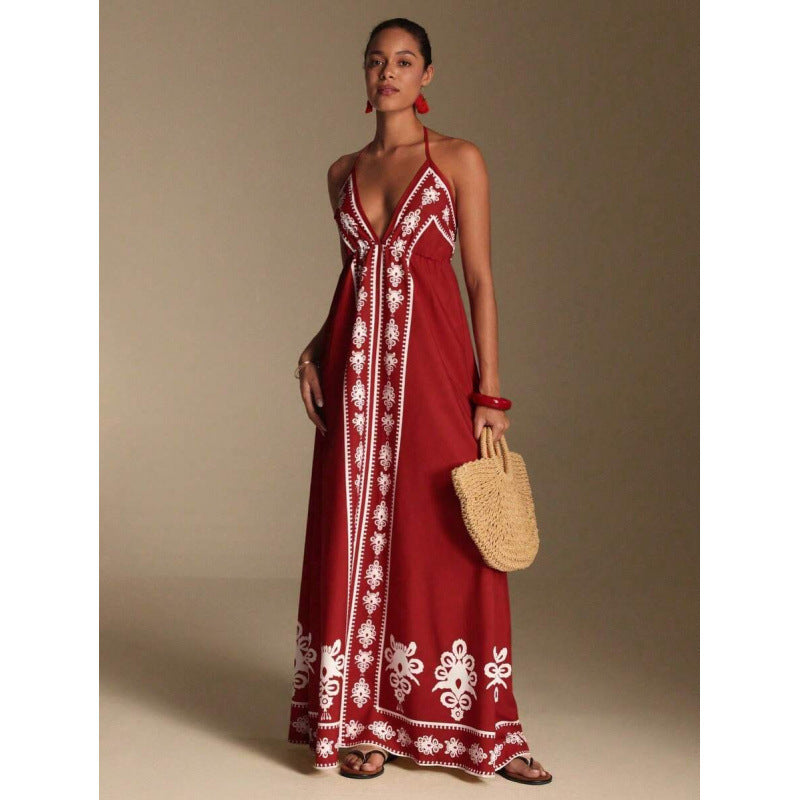 Amazon bohemian chic beach vacation print v-neck backless maxi slip dress