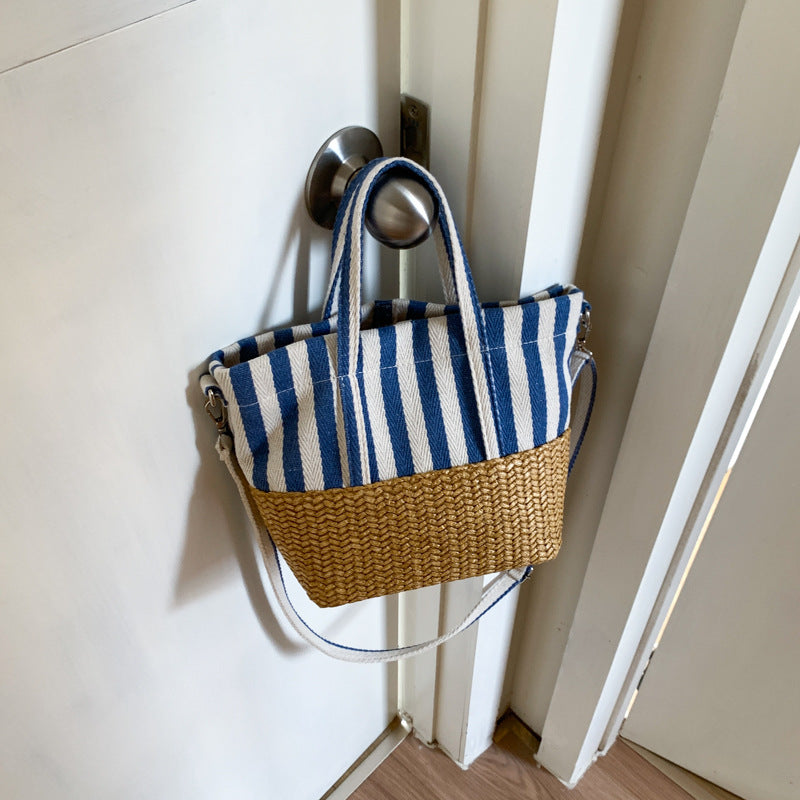 Striped handmade straw bag European and American fashion vegetable basket tote bag 2025 summer large capacity portable beach bag women