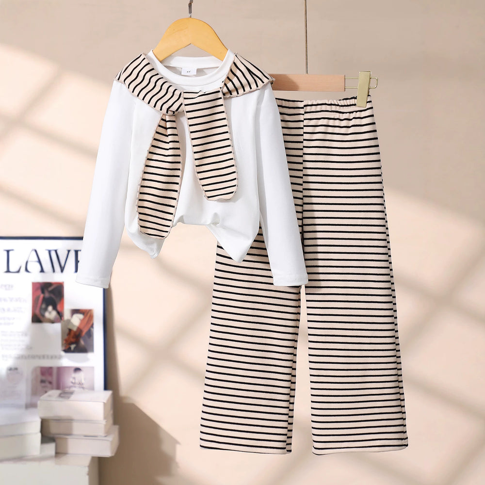 Girls' two-piece set: solid color long-sleeve top and striped flare pants with shawl