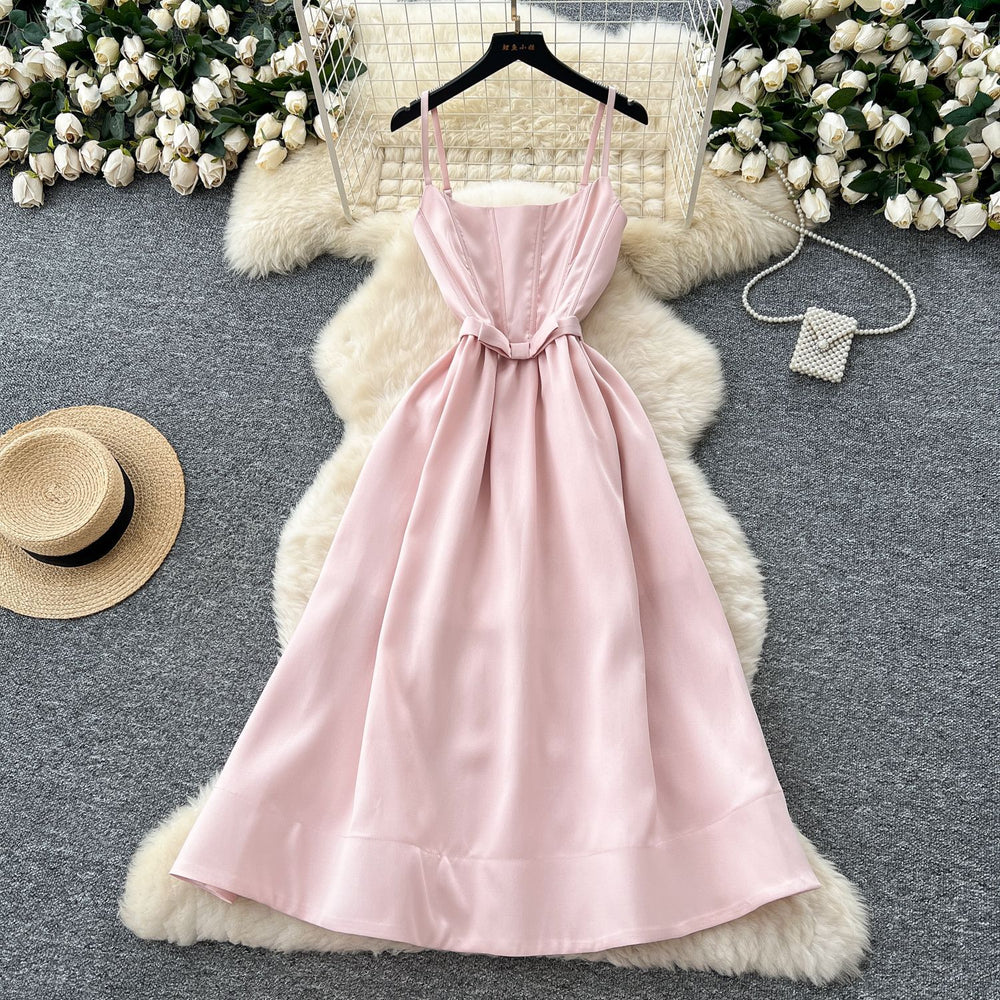 French chic high-end bow detail corset waist slip dress - women's  summer fashion maxi gown