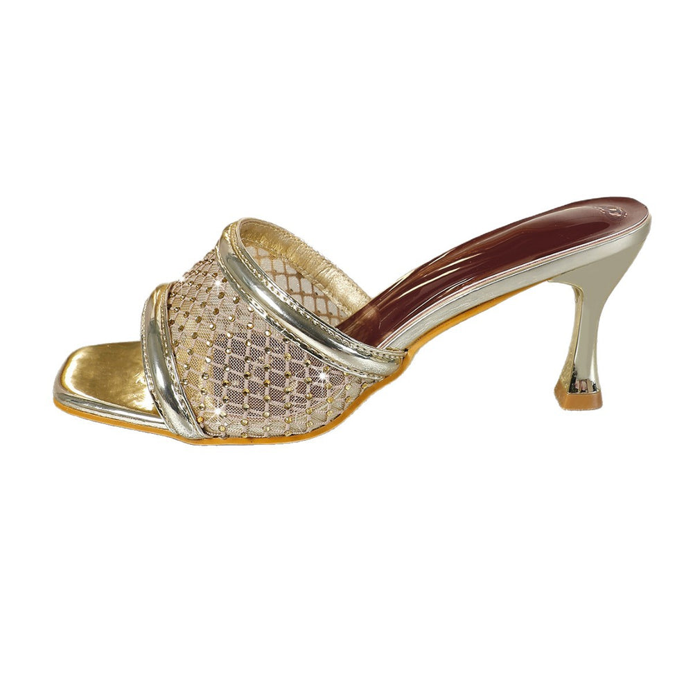 New mesh rhinestone high-heeled slippers 2025 - unique design, solid color, sexy & chic, transparent party sandals