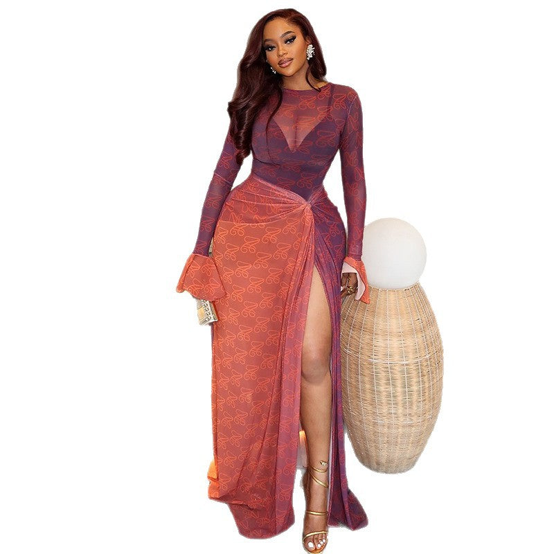 European and american style export summer slim-fit women's lightweight sheer bodycon asymmetrical skirt round neck ruched long sleeve dress