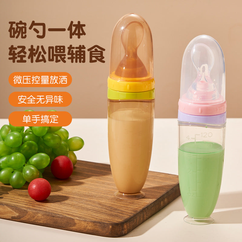 English card baby rice paste bottle 120ml extrusion feeding spoon full silicone suction cup rice paste spoon complementary food feeding