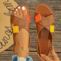 European and american plus size criss-cross strap flat sandals - women's retro color block wide band open toe beach sandals