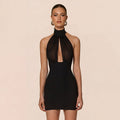 european and american women's clothing  summer new solid color high neck hollow-out ribbon patchwork backless bodycon dress