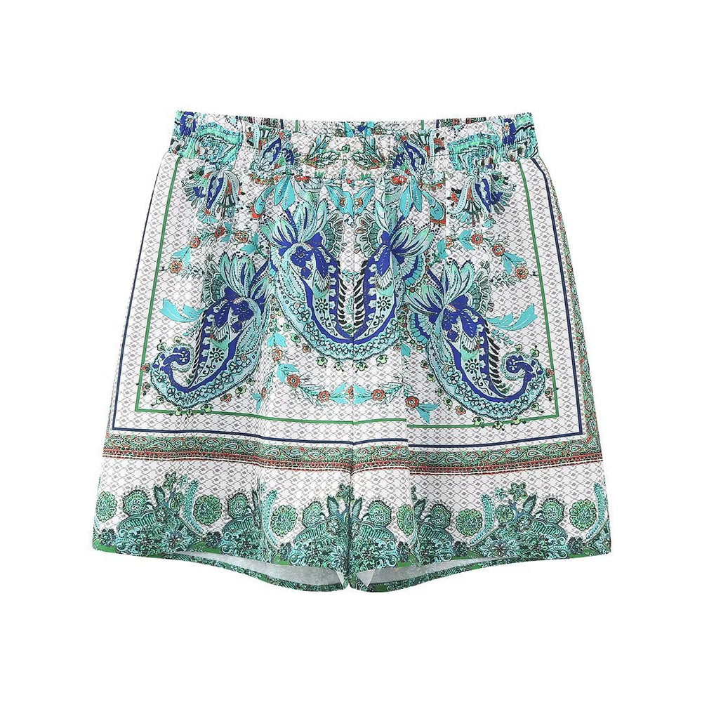 European and american cross-border women's fashion:  early autumn hot style retro print short-sleeve shirt and high-waisted shorts casual two-piece set