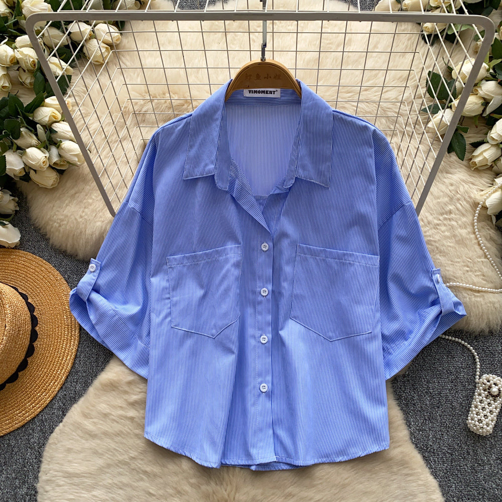 Korean style commute-ready striped shirt: breathable, skin-friendly, women's  summer short-sleeve loose-fit cardigan, solid color, elegant top