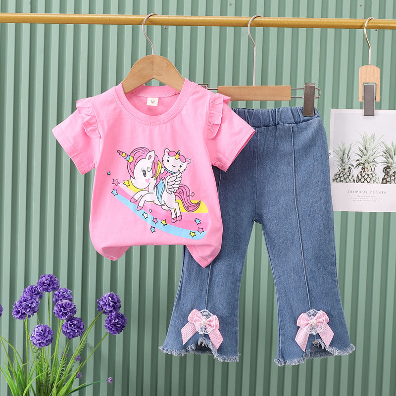 Girls' outfit  new cartoon cute animal korean style denim shorts lace short sleeve two-piece set for young children and toddlers