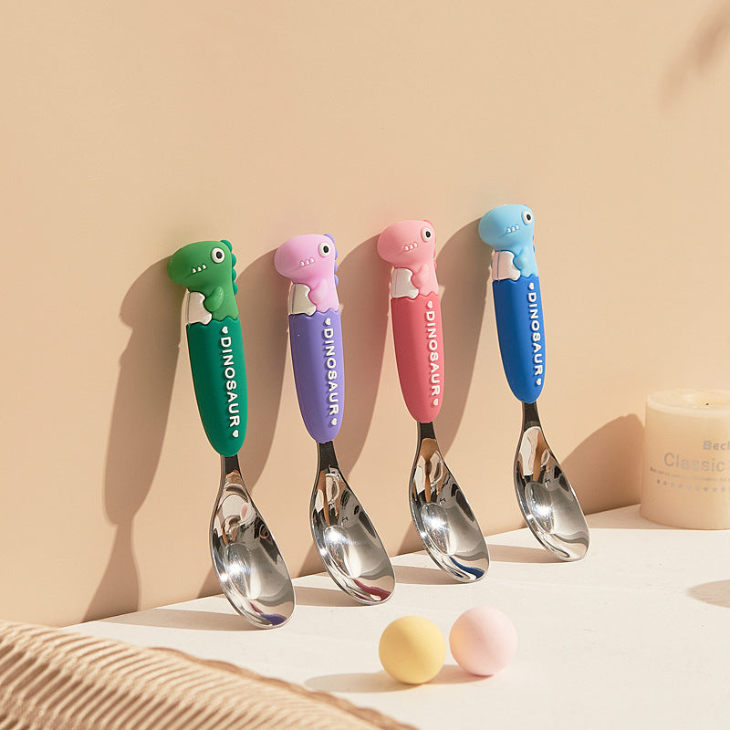 New creative cartoon dinosaur soft-handled children's coin-shaped spoon, cute style stainless steel spoon, student tableware wholesale