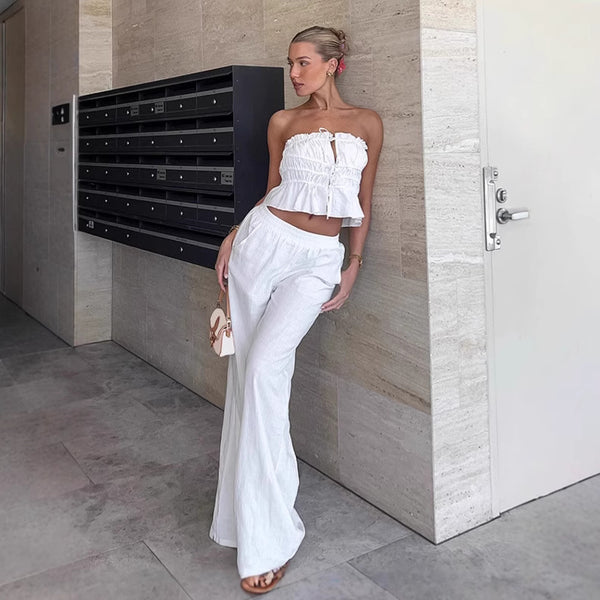 European and American street babes white cotton and linen tube top, trousers two-piece set 2025 summer  casual set