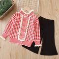 Girls' knitted sweater two-piece set -  autumn/winter houndstooth pattern - little girl's cardigan and sweater for toddlers and young children