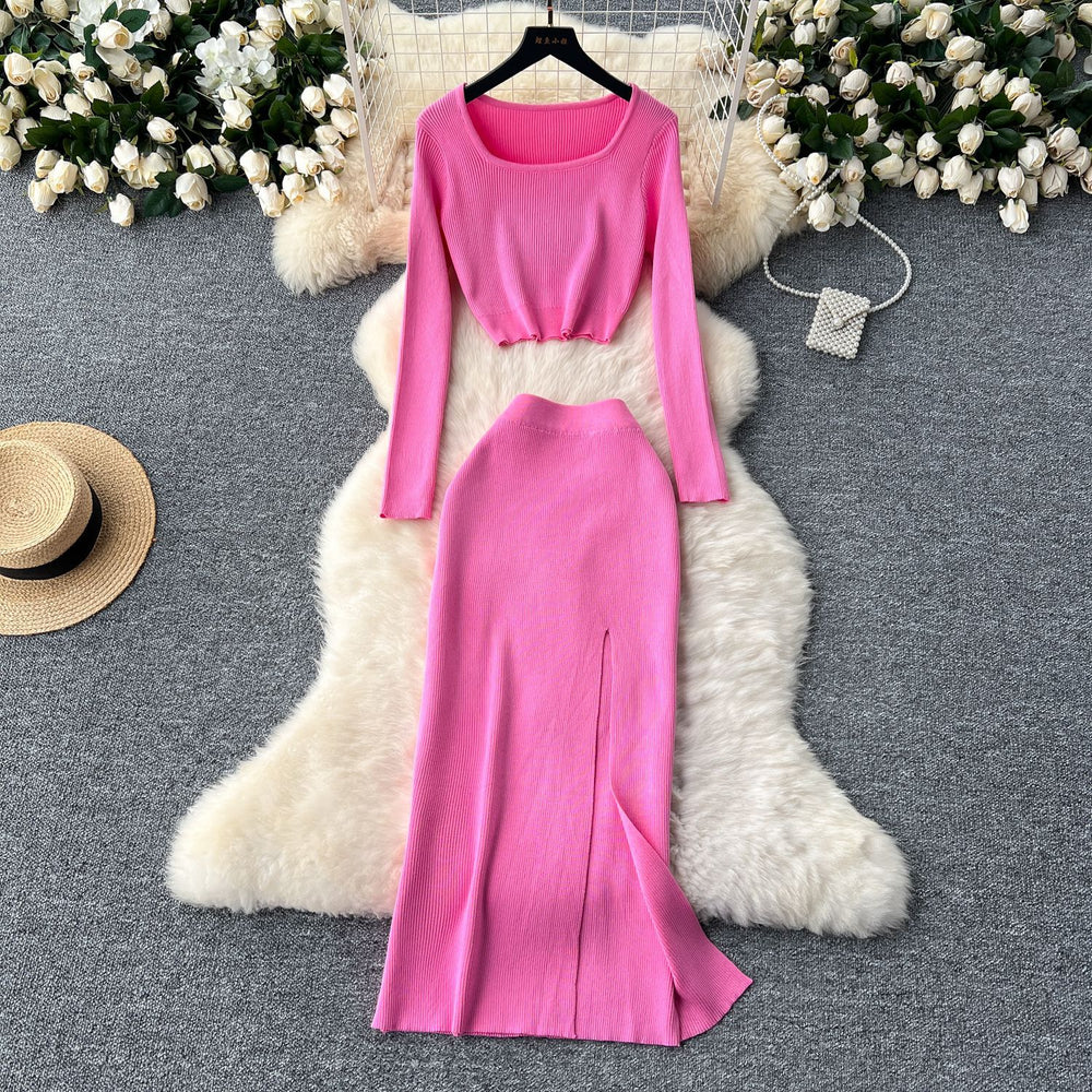 Autumn outfit set: women's chic & sexy short square neck long sleeve knit top with slit slim-fit bodycon midi skirt