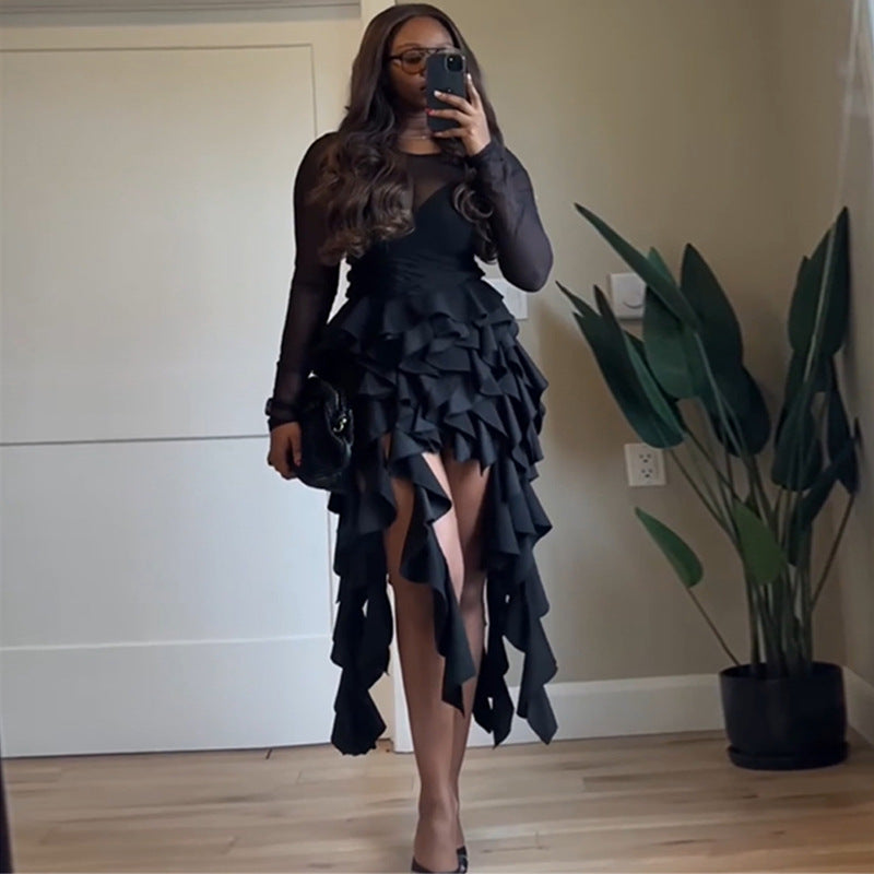 European and american cross-border women's fashion:  autumn new arrivals - sexy, elegant, slim-fit ruffle evening gown, long sleeve dress