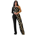 C7301 cross-border   fashion women's elegant bodycon one-shoulder sequin sleeveless jumpsuit