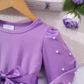 Girls' dress for toddlers and young children, solid color 3d floral pearl long sleeve dress