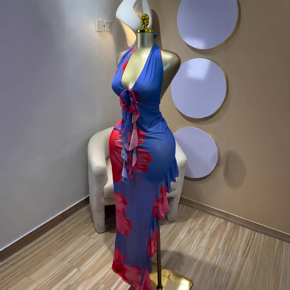 European and american cross-border women's sleeveless halter neck v-neck floral ruffle trim maxi dress - winter/spring  collection
