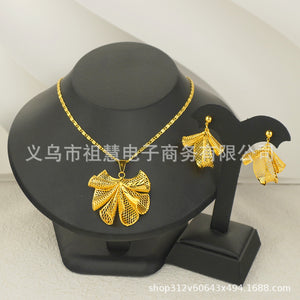 Middle eastern gold plated jewelry two piece set flower necklace earrings dubai ethiopian, bridal wedding party accessories