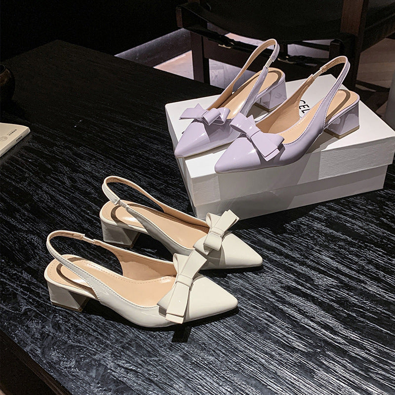 2025 summer new sweet style pointed-toe chunky heel fashion flats with bow detail, closed-toe high heel sandals for women