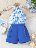 Summer kids' sleeveless halter top and floral print blue suit shorts two-piece set for girls (export)