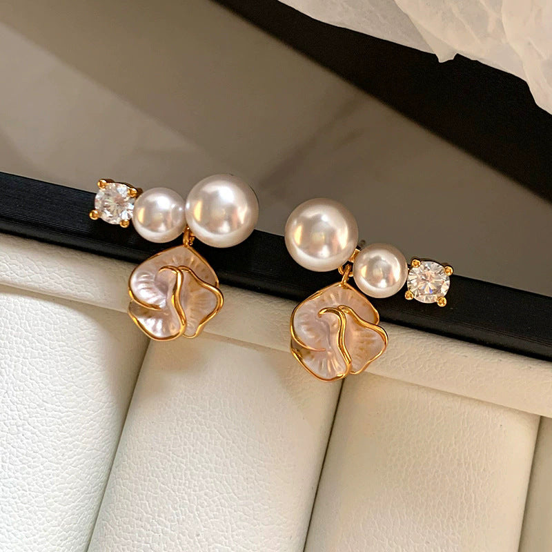 Sterling silver needle drop glaze camellia earrings gentle elegantclassy champagne pearl element sense of design sparkling zircon earrings