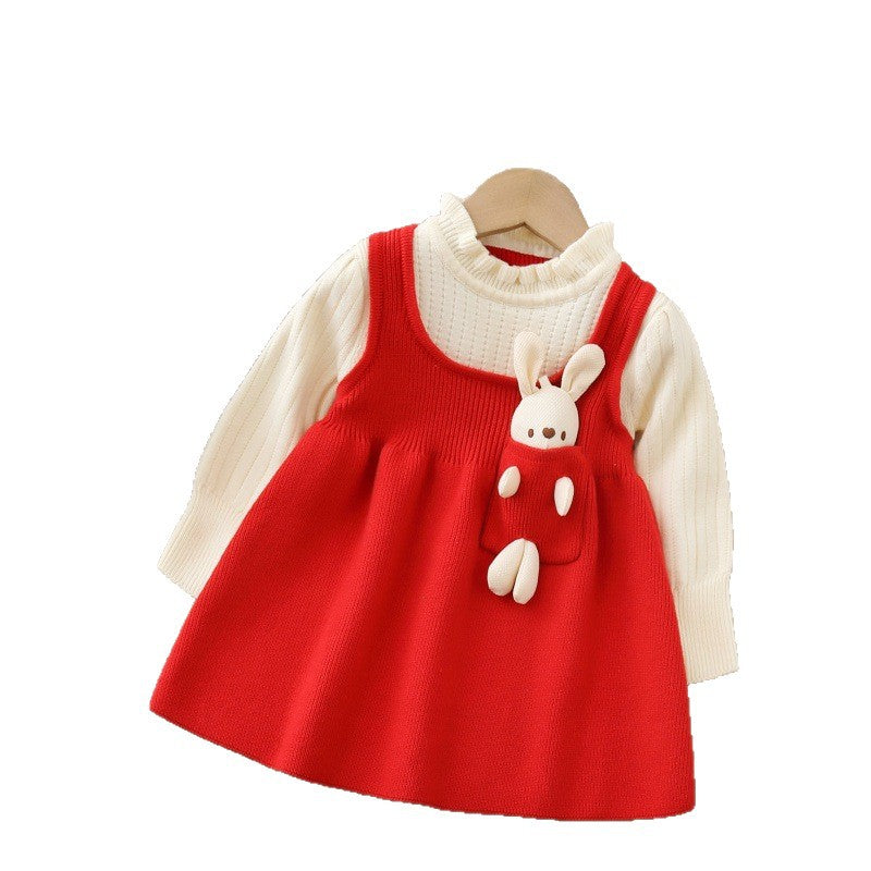 Girls' fleece-lined sweater dress -  autumn/winter new year's edition - bowknot christmas dress - children's wear - little girl's dress