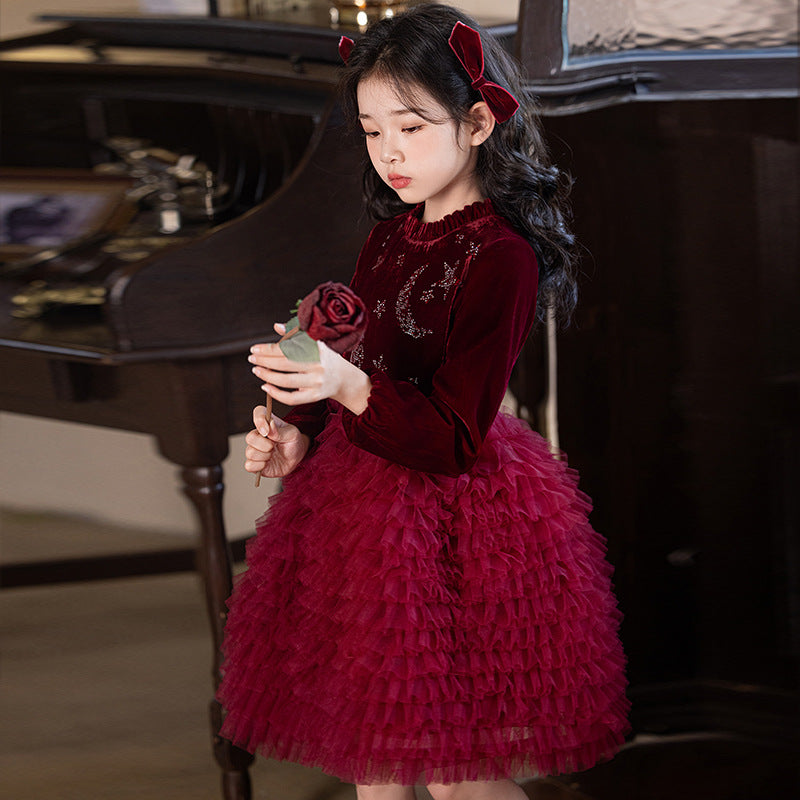 Ready-to-ship new girls' dress cake princess dress red new year outfit velvet birthday party dress winter style