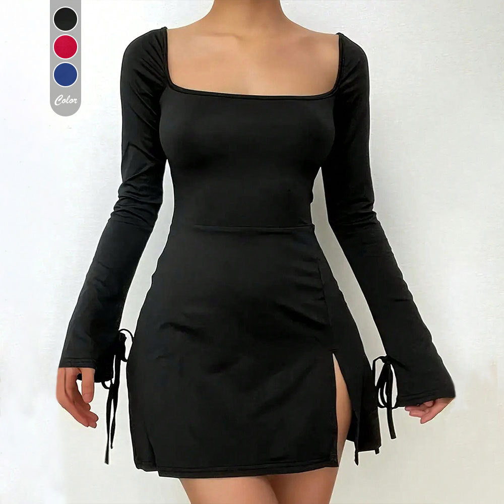 Amazon cross-border fashionable european and american style square neck red dress - spring/summer high-waisted versatile a-line slit mini dress for women