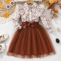 New girls' long-sleeve floral print mesh dress with turn-down collar and woven belt (available in toddler, little girl, and big girl sizes)